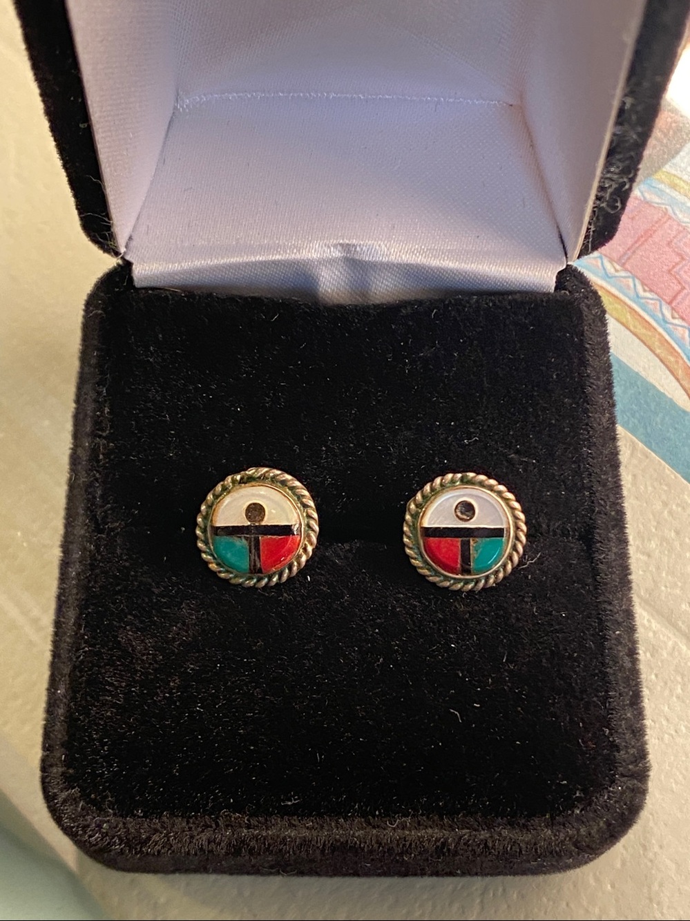 Vintage Zuni Sunface Inlay Stud Earrings Sterling Silver Native American